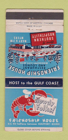 Matchbook Cover - Friendship House Biloxi MS lobster WEAR 30 Strike