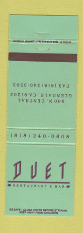 Matchbook Cover - Duet Restaurant Bar Glendale CA