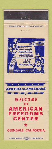 Matchbook Cover - American Freedom Centers books Glendale CA Abraham Lincoln