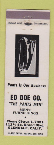 Matchbook Cover - Ed Doe Co Pants men's clothes Glendale CA