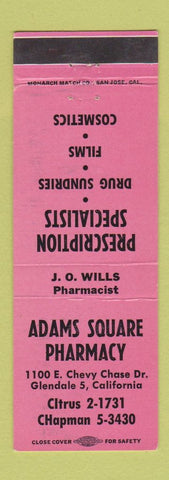 Matchbook Cover - Adams Square Pharmacy Drug Glendale CA