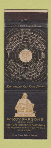 Matchbook Cover - W Roy Parsons Pilot Life Insurance Norfolk VA
