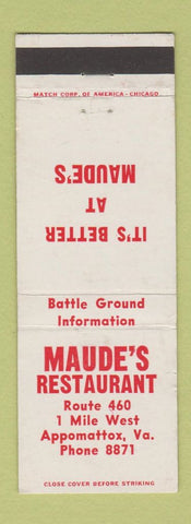 Matchbook Cover - Maude's Restaurant Appomattox VA