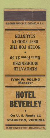 Matchbook Cover - Hotel Beverly Staunton VA WORN
