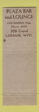 Matchbook Cover - Plaza Bar and Lounge Laramie WY
