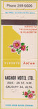 Matchbook Cover - Achor Motel Calgary Alberta WEAR