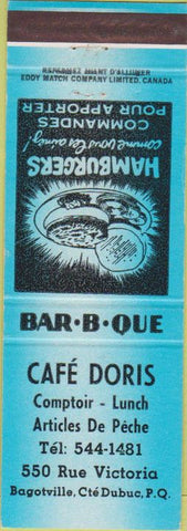 Matchbook Cover - Cafe Doris Bagotville Cte Dubuc PQ Hamburgers BBQ