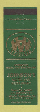 Matchbook Cover - Johnson's Motel Restaurant Wytheville VA GREEN