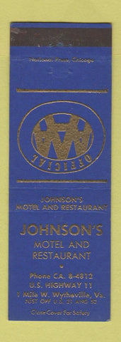 Matchbook Cover - Johnson's Motel Restaurant Wytheville VA BLUE