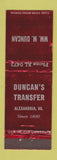 Matchbook Cover - Duncan's Transfer trucking Alexandria VA