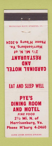 Matchbook Cover - Pye's Dining Room Motel Harrisonburg VA Cardinal Motel