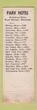Matchbook Cover - Park L Hotel Rock Springs WY