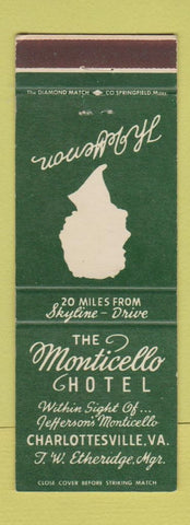 Matchbook Cover - Monticello Hotel Charlottesville VA Thomas Jefferson GREEN