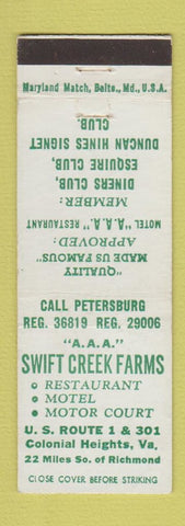 Matchbook Cover - Sweet Creek Farms restaurant motel Colonial Heights VA