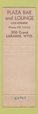Matchbook Cover - Plaza Bar and Lounge Laramie WY