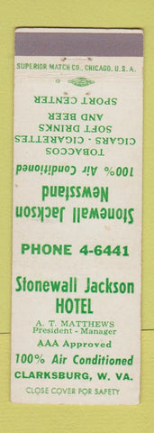 Matchbook Cover - Stonewall Jackson Hotel Clarksburg WV