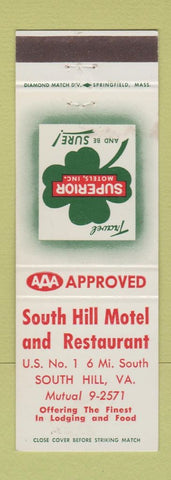 Matchbook Cover - South Hill Motel Restaurant VA Superior Motels