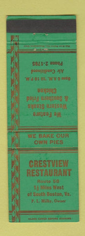 Matchbook Cover - Crestview Restaurant South Boston VA