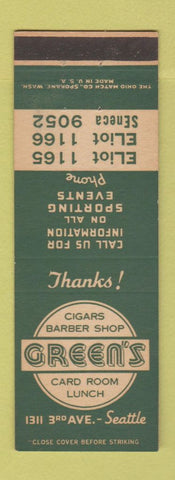 Matchbook Cover - Green's Card Room Cigars Barber Shop Seattle WA