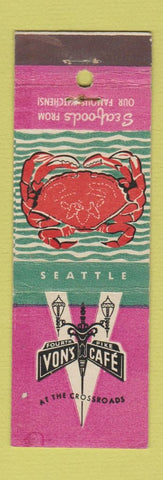 Matchbook Cover - Von's Cafe Seattle WA Crab