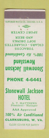 Matchbook Cover - Stonewall Jackson Hotel Clarksburg WV