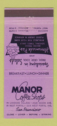 Matchbook Cover - Manor Coffee Shop San Francisco CA 30 Stick