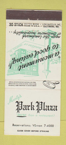 Matchbook Cover - Marty's Park Plaza Restaurant Baltimore MD 30 Stick