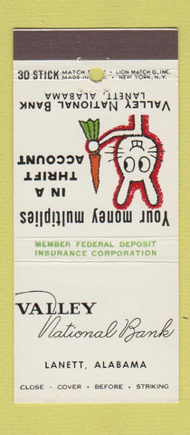 Matchbook Cover - Valley NATional Bank Lanett AL rabbit 30 Stick