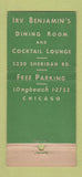 Matchbook Cover - Irv Benjamin's Restaurant Chicago IL 30 Stick