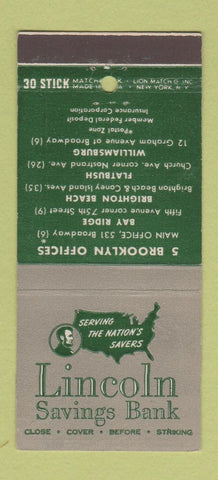 Matchbook Cover - Lincoln Savings Bank Brooklyn NY 30 Stick