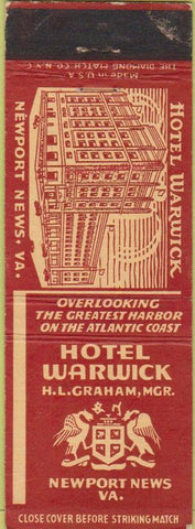 Matchbook Cover - Hotel Warwick Newport News VA WEAR
