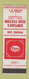 Matchbook Cover - Esso oil gas Simpson's Palmer NY low phone #