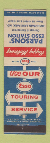 Matchbook Cover - Parsons' Esso oil gas Mountain Lake Park MD
