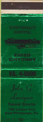 Matchbook Cover - Lanigan Funeral Home ambulance East Pittsburgh PA
