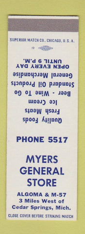 Matchbook Cover - Myers General Store Cedar Springs MI SAMPLE