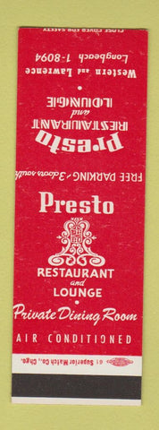 Matchbook Cover - Presto Restaurant Lounge Chicago IL SAMPLE