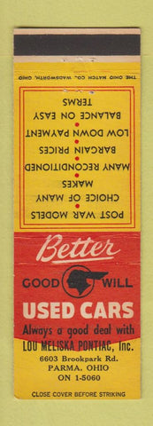 Matchbook Cover - Lou Meliska Pontiac Parma OH