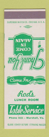 Matchbook Cover - Rod's Lunch Room Marshall VA low phone # SAMPLE