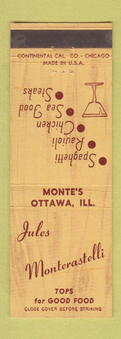 Matchbook Cover - Jules Monterastelli Italian Restaurant Ottawa IL Monte's