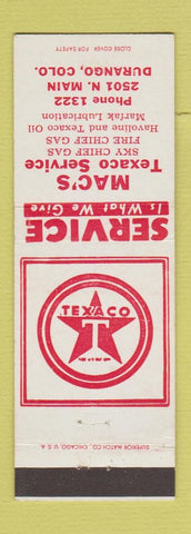 Matchbook Cover - Mac's Texaco oil gas Durango Colorado low phone #