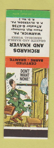 Matchbook Cover - Richards & Knvaer Granite Memorial Works Warwick PA Hillbilly