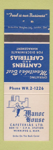 Matchbook Cover - Manor House Cafeterias Winnipeg MB