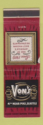 Matchbook Cover - Von's Restaurant Seattle WA WEAR