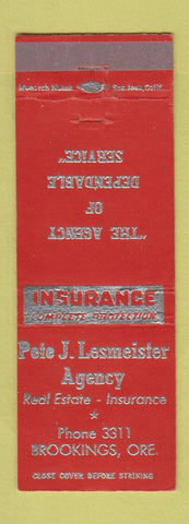 Matchbook Cover - Pete Lesmeister Insurance Real Estate Brookings OR
