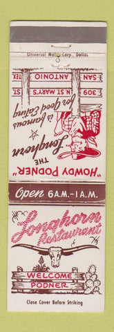 Matchbook Cover - Longhorn Restaurant San Antonio TX WEAR