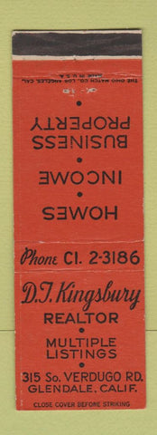 Matchbook Cover - DJ Kingsbury Real Estate Glendale CA