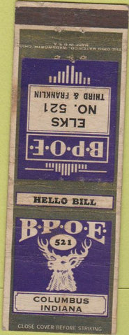 Matchbook Cover - Elks Club Columbus IN WORN
