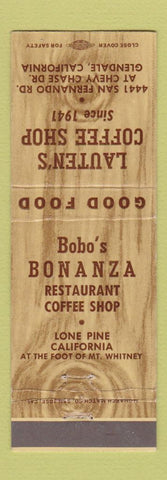 Matchbook Cover - Lauten's Coffee Shop Bobo's Bonanza Glendale CA