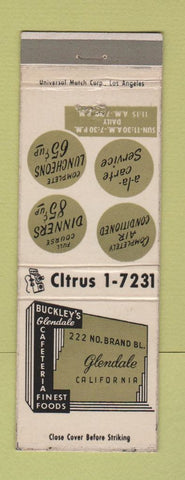 Matchbook Cover - Buckley's Cafeteria Glendale CA