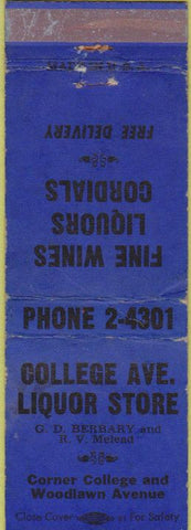 Matchbook Cover - College Ave Liquor WEAR